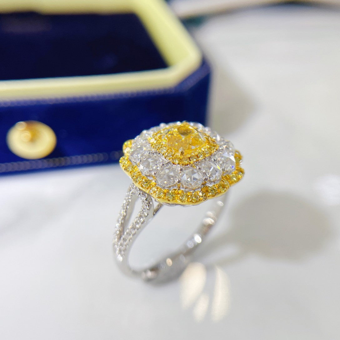 18K Yellow Gold Diamond Pillow-shaped Rose-cut Color-separated Ring - Yellow Diamond Ring