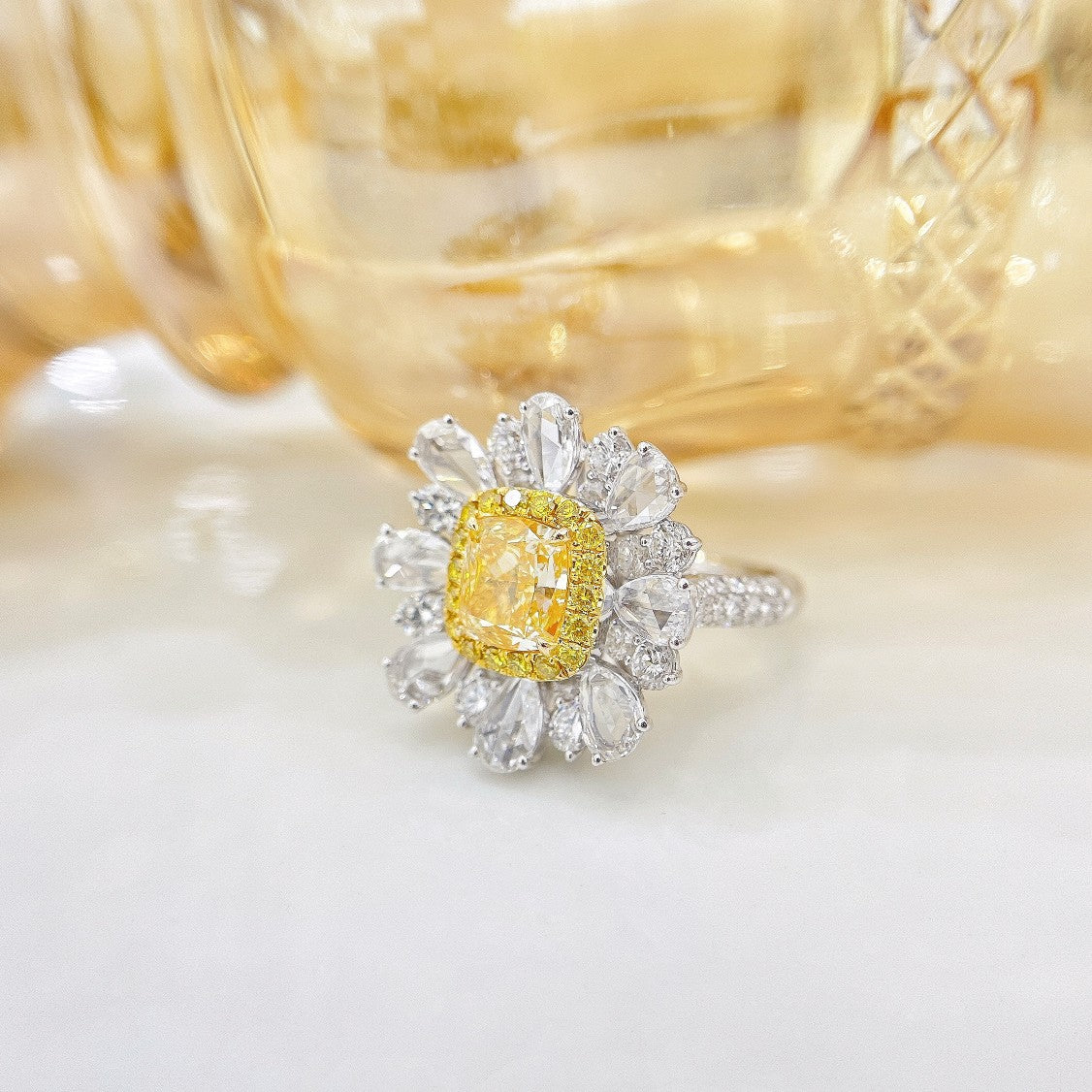 18K Yellow Gold Diamond Pillow-Shaped Rose Cut Double-Wear Jewelry - Yellow Diamond Ring