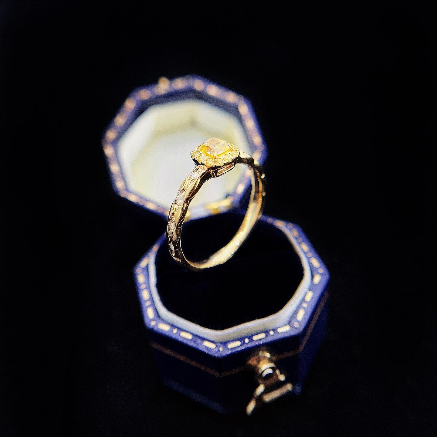 18K Yellow Gold Diamond Pillow-Shaped Sandglass Design Ring - Premium Jewelry - Yellow Diamond Ring