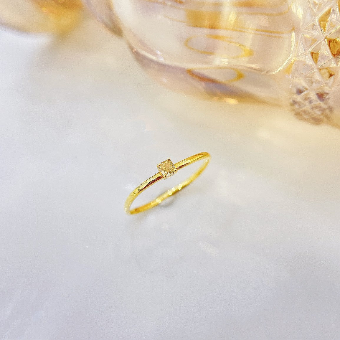 18K Yellow Gold Diamond Pillow-Shaped Small Square Ring - Premium Jewelry - Yellow Diamond Ring