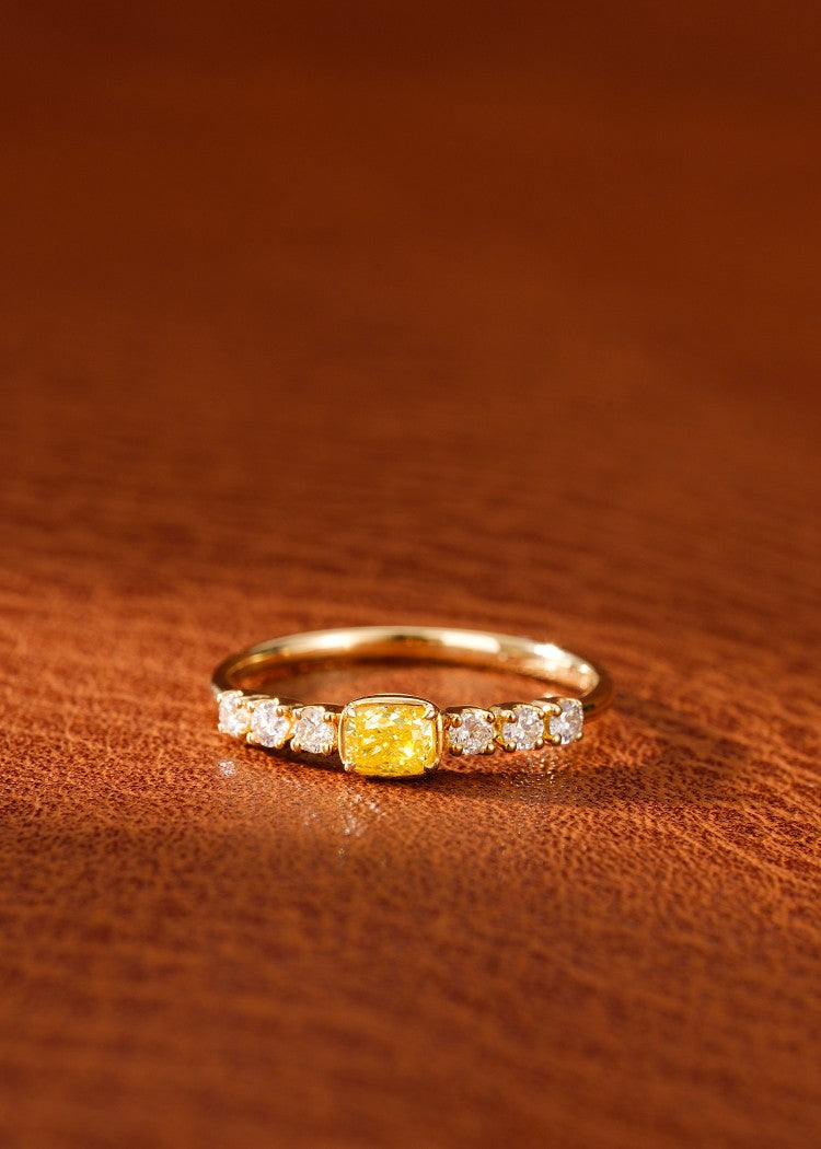 18K Yellow Gold Diamond Pillow-Shaped Solitaire Ring with Four-Prong Setting - Yellow Diamond Ring