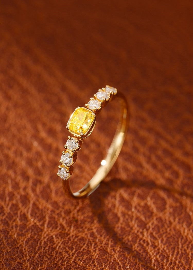 18K Yellow Gold Diamond Pillow-Shaped Solitaire Ring with Four-Prong Setting - Yellow Diamond Ring