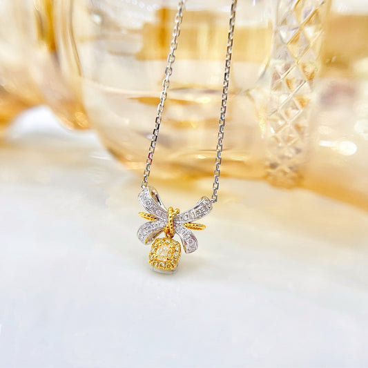 18K Yellow Gold Diamond Pillow-Shaped Split-Color Bowknot Necklace | Jewelry - Yellow Diamond Necklace