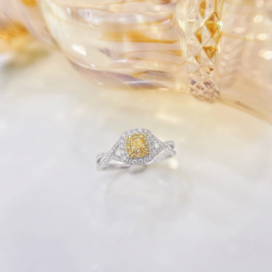 18K Yellow Gold Diamond Pillow-Shaped Split Shank Ring | Premium Jewelry - Yellow Diamond Ring