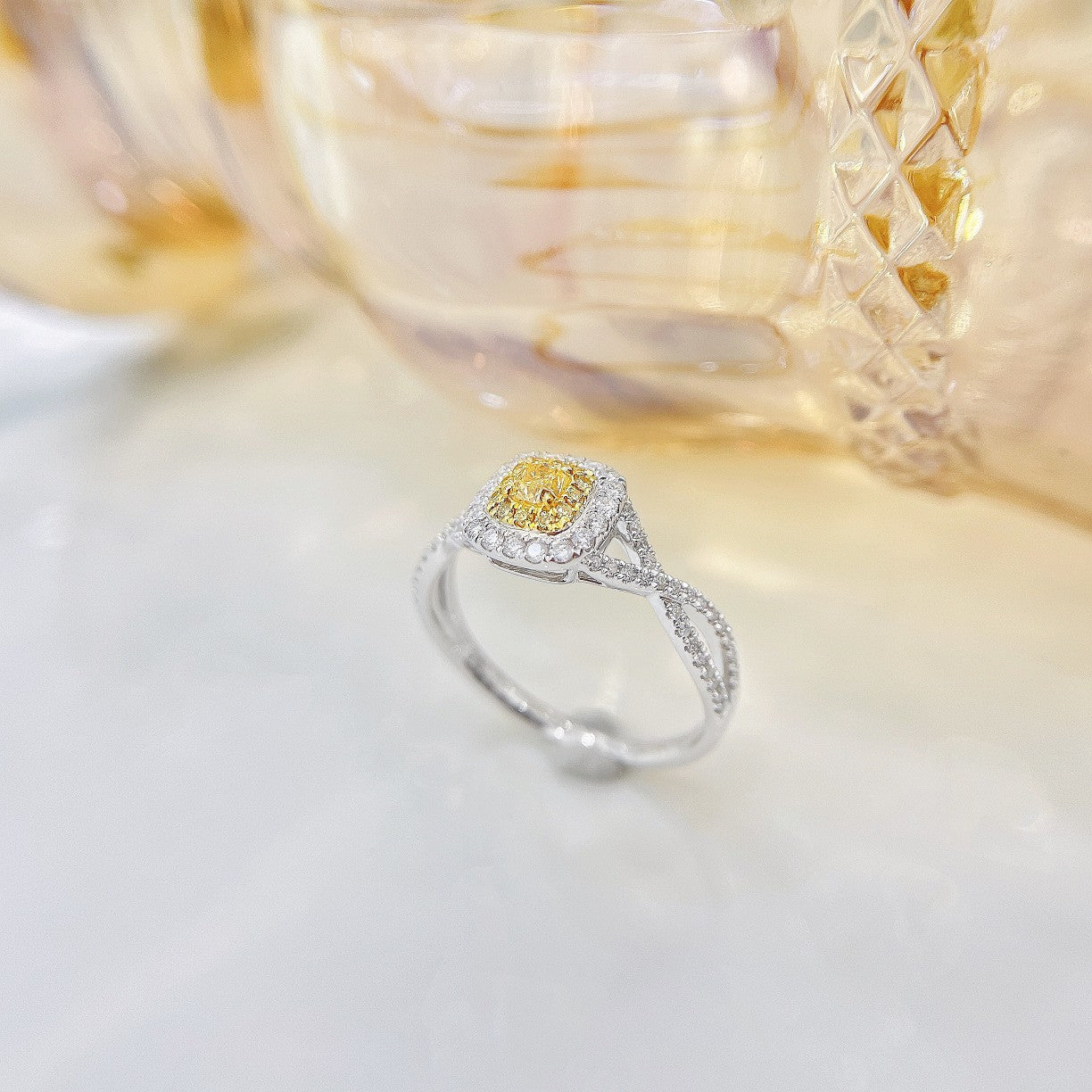 18K Yellow Gold Diamond Pillow-Shaped Split Shank Ring | Premium Jewelry - Yellow Diamond Ring