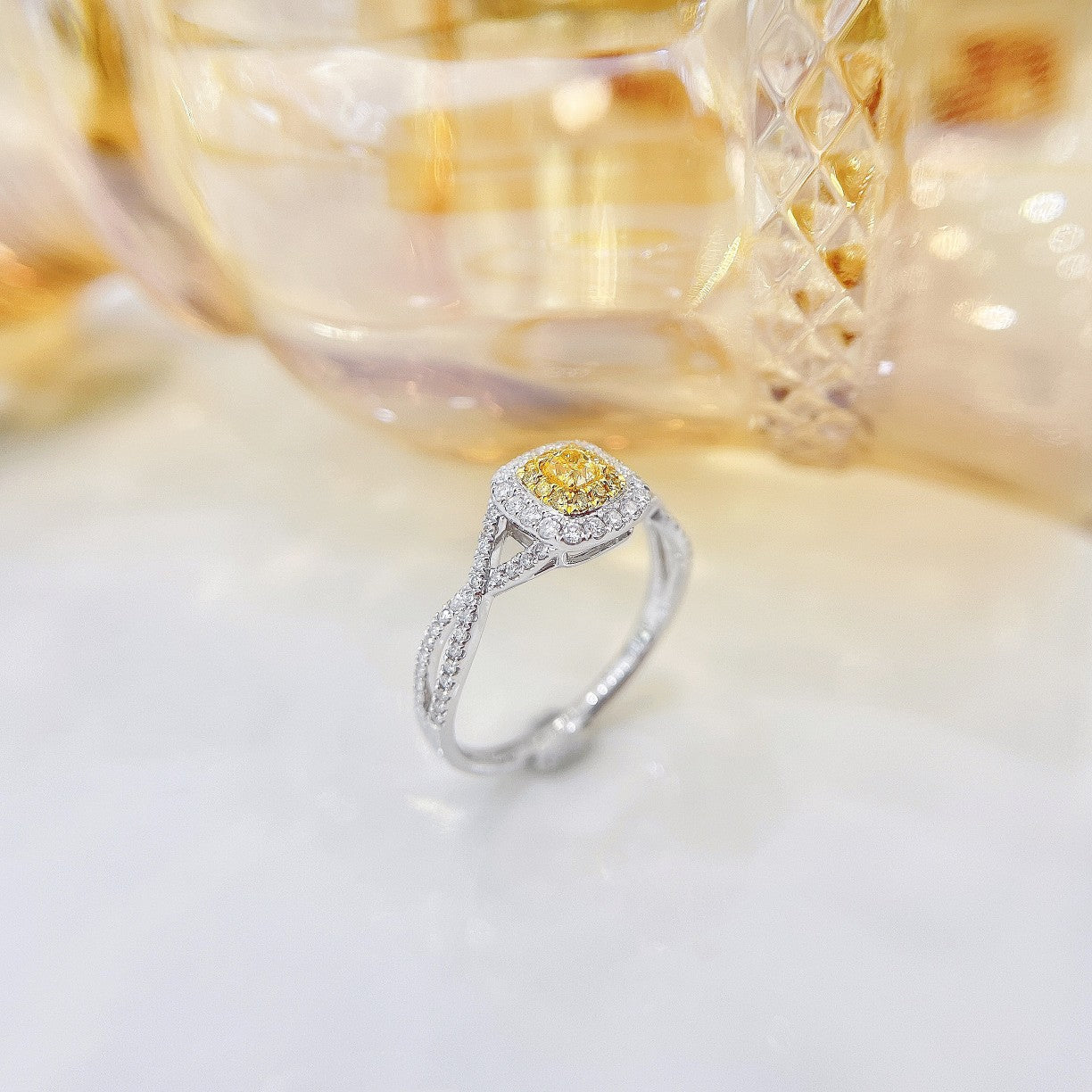 18K Yellow Gold Diamond Pillow-Shaped Split Shank Ring | Premium Jewelry - Yellow Diamond Ring