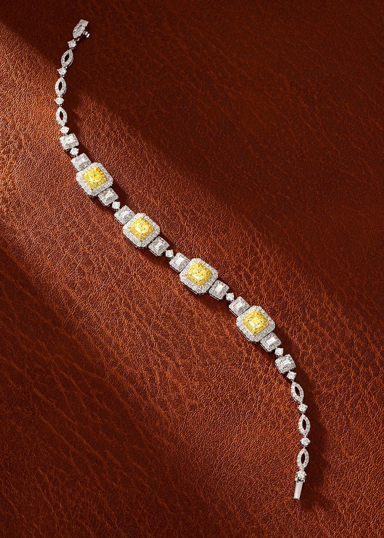 18K Yellow Gold Diamond Pillow-Shaped & Straight-Square Alternating Bracelet - Yellow Diamond Bracelet