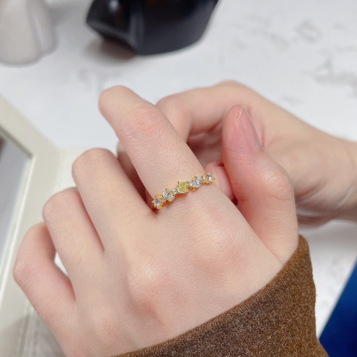 18K Yellow Gold Diamond Pillow-Shaped Unique Pavé Ring | Jewelry Delight - Yellow Diamond Ring