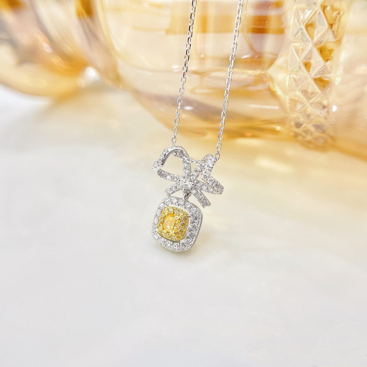 18K Yellow Gold Diamond Pillow-Shaped Vivid Bow Necklace - Jewelry Collection - Yellow Diamond Necklace