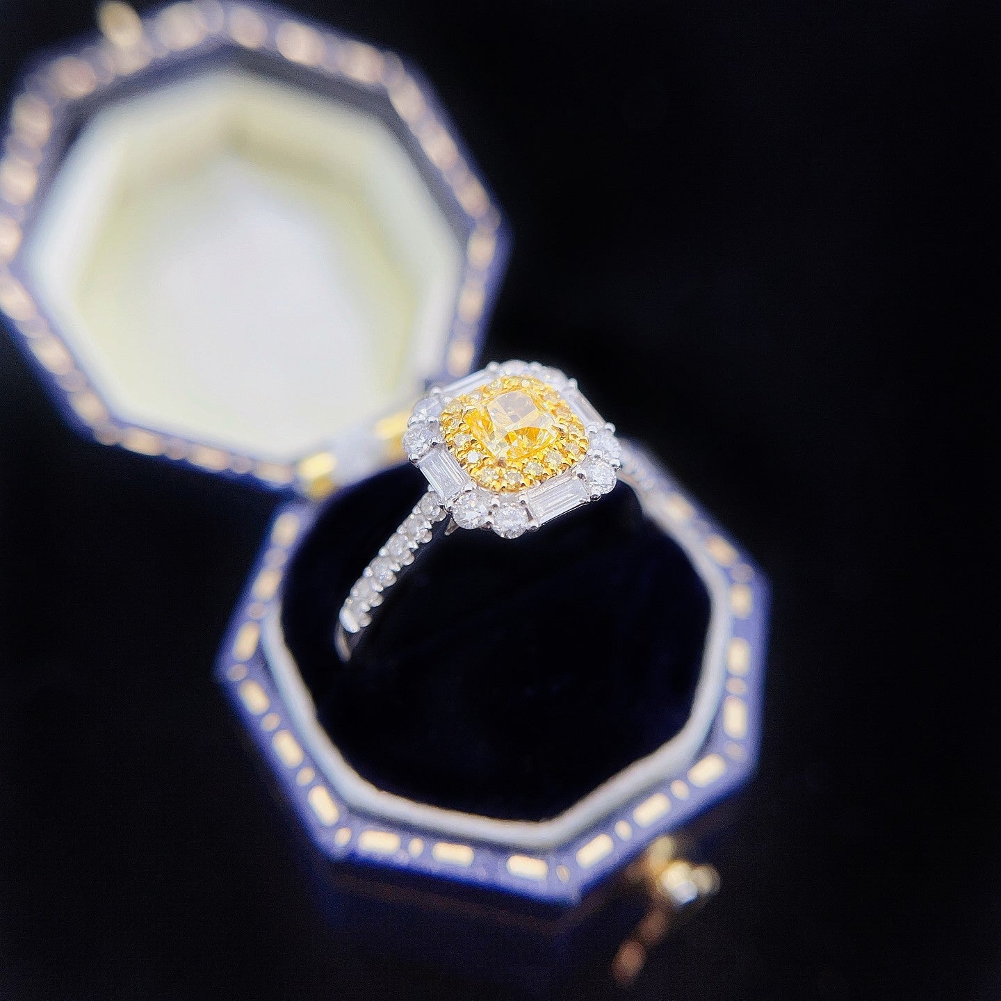 18K Yellow Gold Diamond Ring with Baguette and Surrounding Diamonds | Jewelry - Yellow Diamond Ring