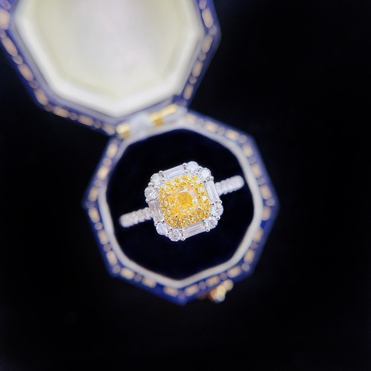 18K Yellow Gold Diamond Ring with Baguette and Surrounding Diamonds | Jewelry - Yellow Diamond Ring