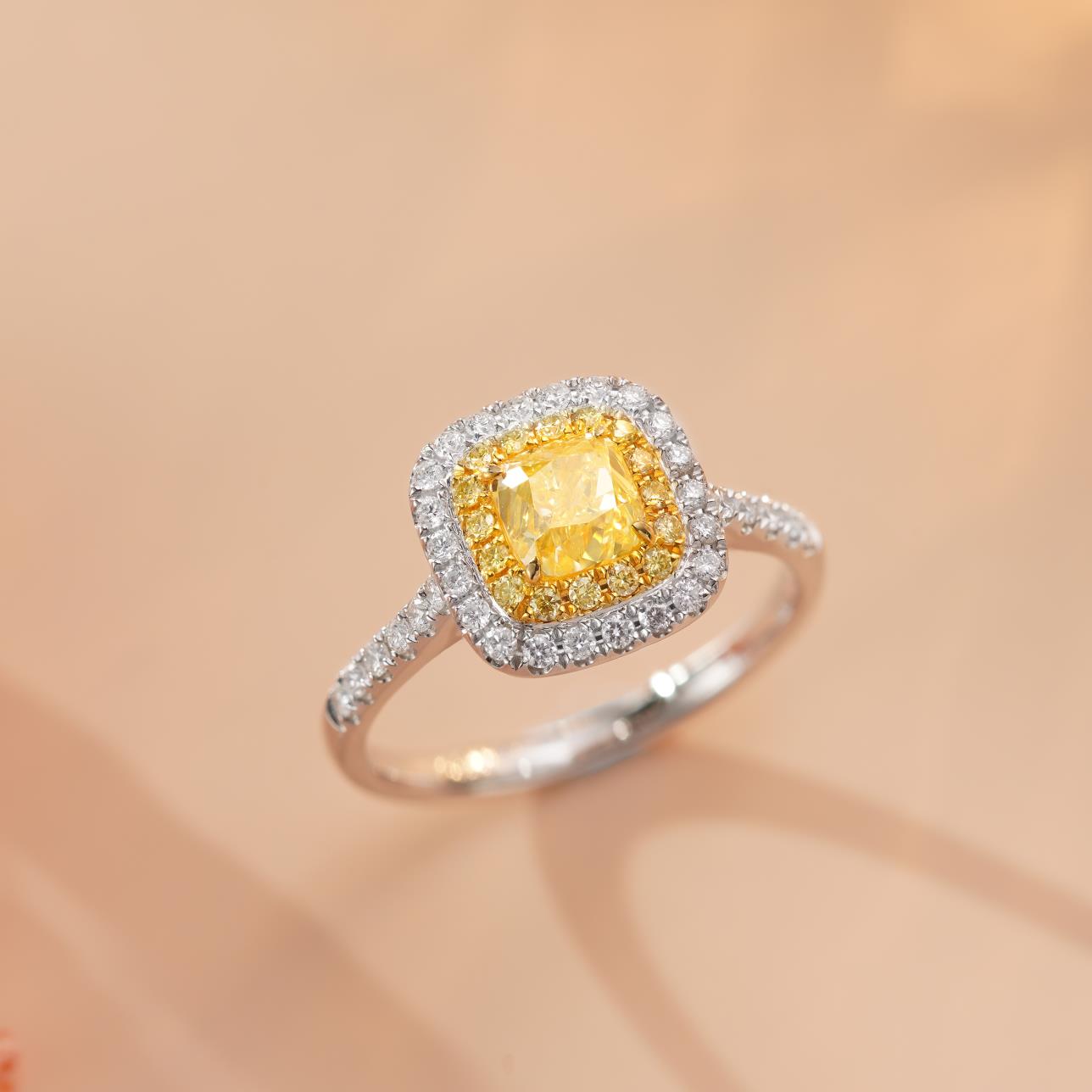 18K Yellow Gold Diamond Ring with Diamond Halo - Luxurious Jewelry - Yellow Diamond Ring