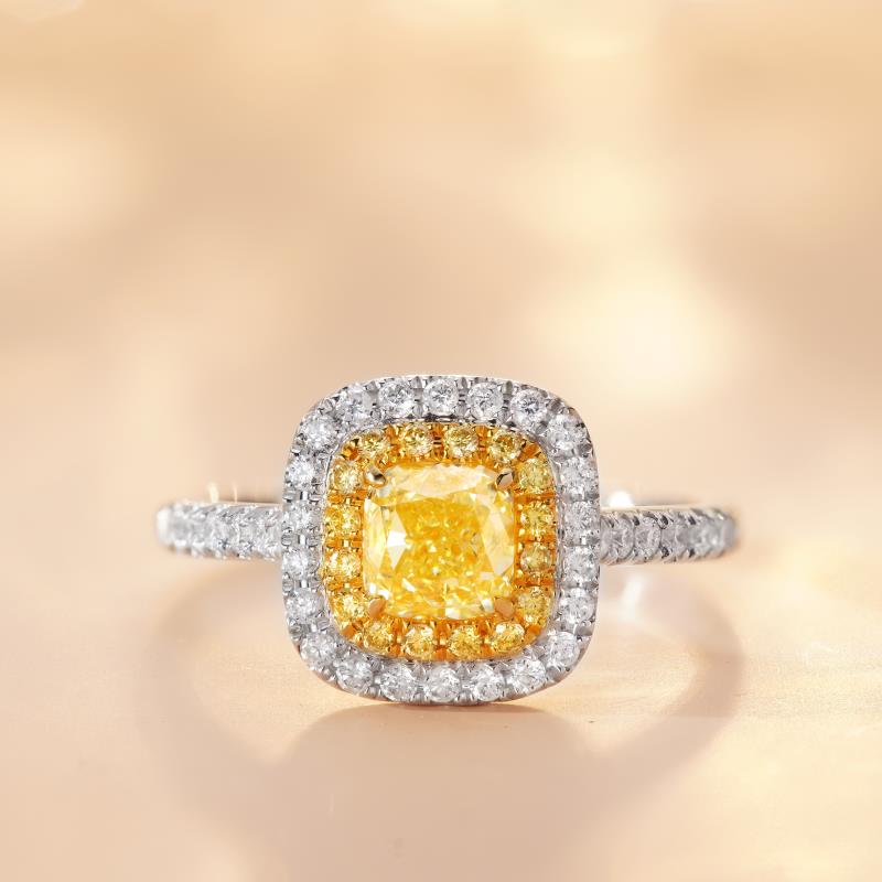 18K Yellow Gold Diamond Ring with Diamond Halo - Luxurious Jewelry - Yellow Diamond Ring