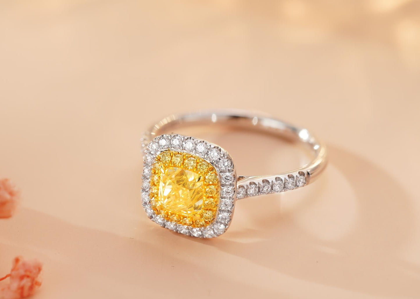 18K Yellow Gold Diamond Ring with Diamond Halo - Luxurious Jewelry - Yellow Diamond Ring