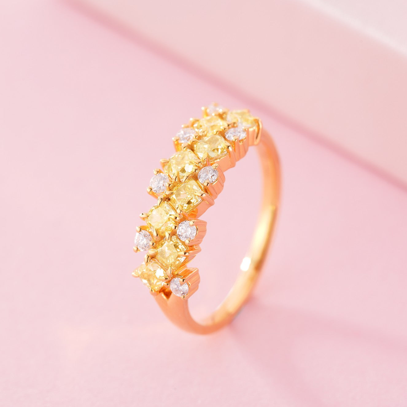 18K Yellow Gold Diamond Ring with Mis-set Design - Premium Jewelry - Yellow Diamond Ring