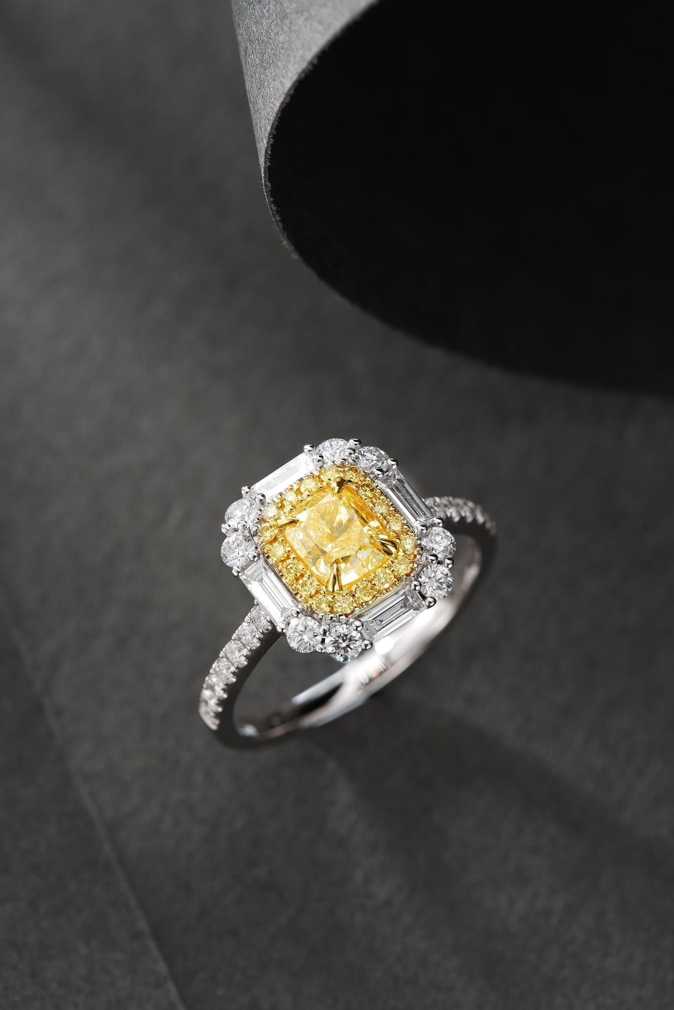 18K Yellow Gold Diamond Ring with Trapezoid Center and Surrounding Diamonds - Premium Jewelry - Yellow Diamond Ring