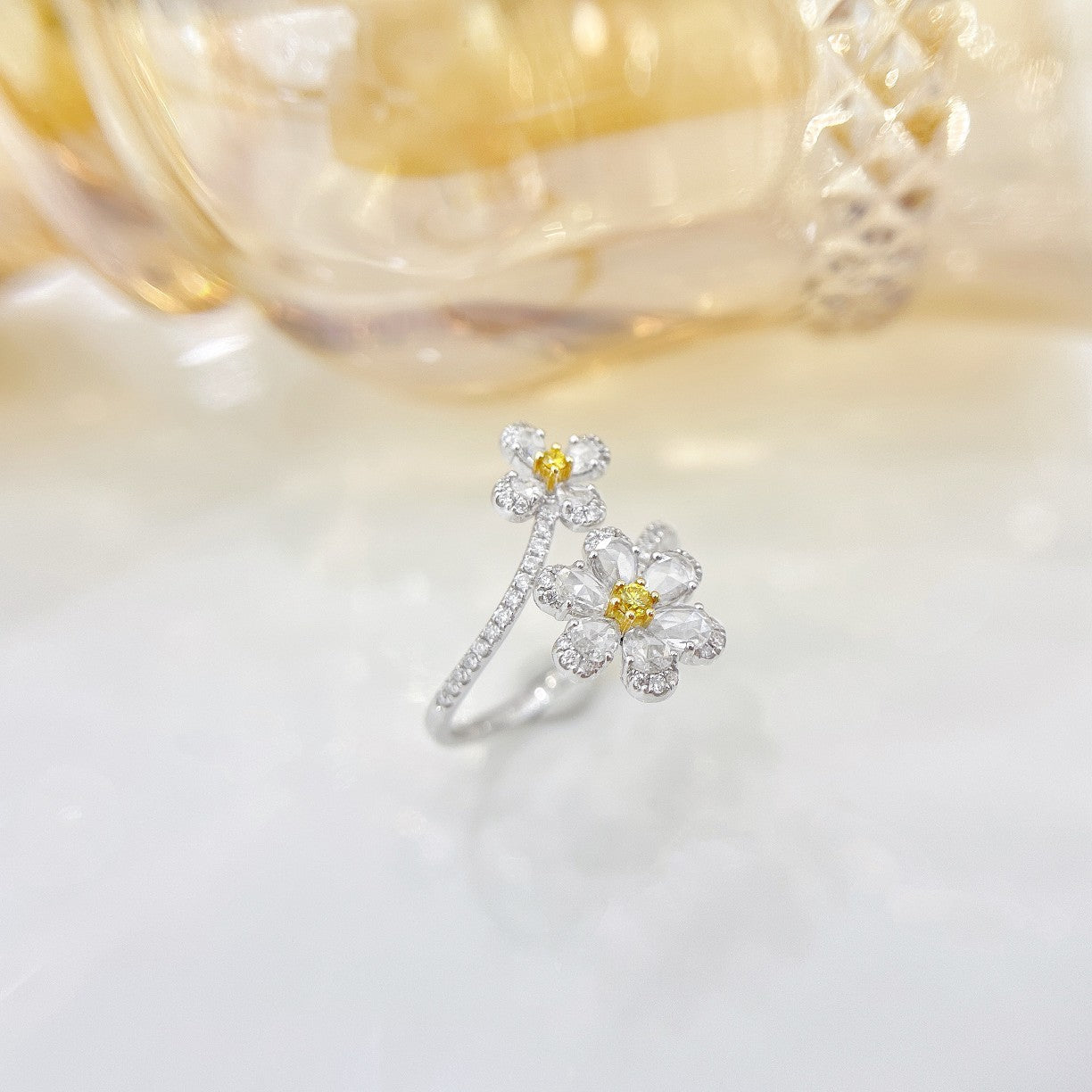 18K Yellow Gold Diamond & Rose Double Flower Ring | Premium Jewelry - Yellow Diamond Ring