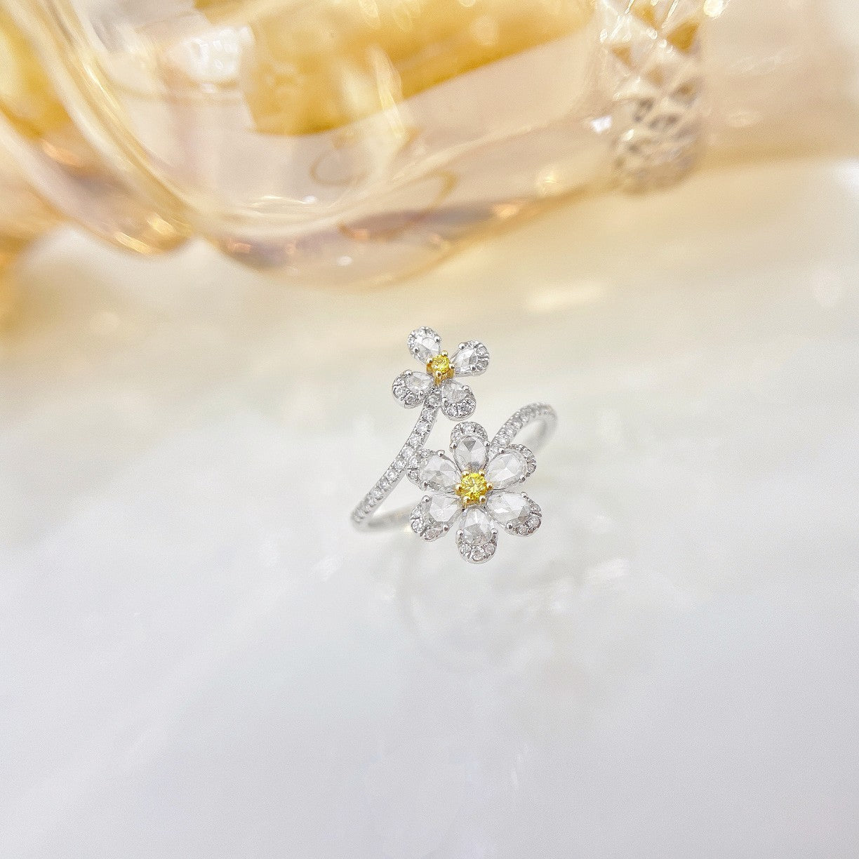 18K Yellow Gold Diamond & Rose Double Flower Ring | Premium Jewelry - Yellow Diamond Ring