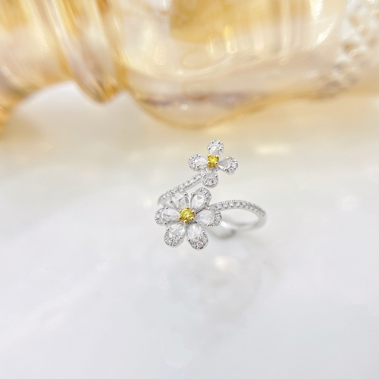 18K Yellow Gold Diamond & Rose Double Flower Ring | Premium Jewelry - Yellow Diamond Ring