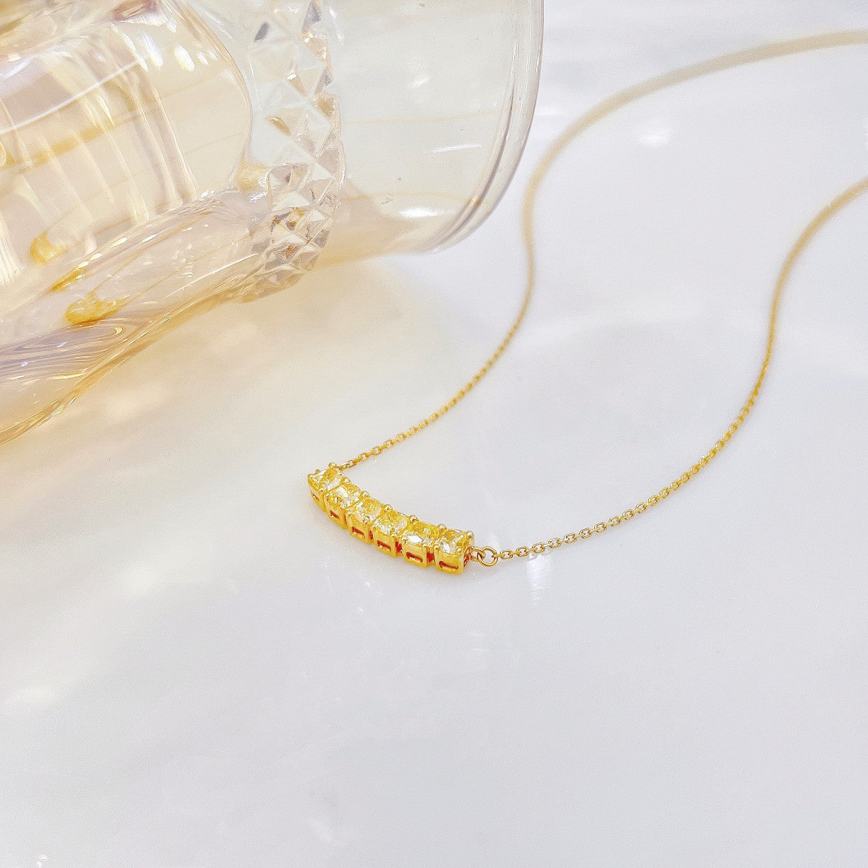 18K Yellow Gold Diamond Smile Necklace with Six Stones - Yellow Diamond Necklace