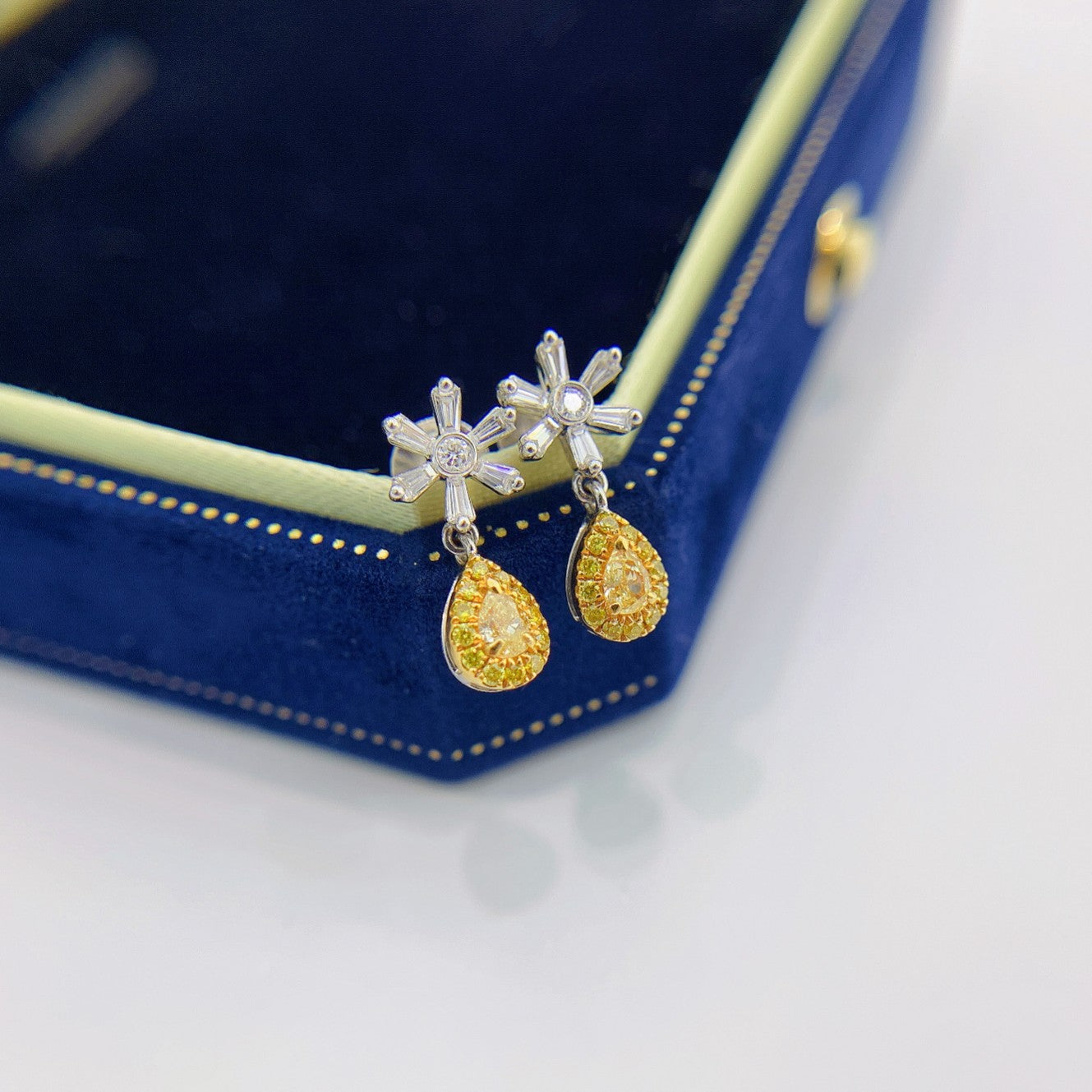 18K Yellow Gold Diamond Snowflake Drop Earrings - Luxurious Jewelry - Jeweler.Jewelry