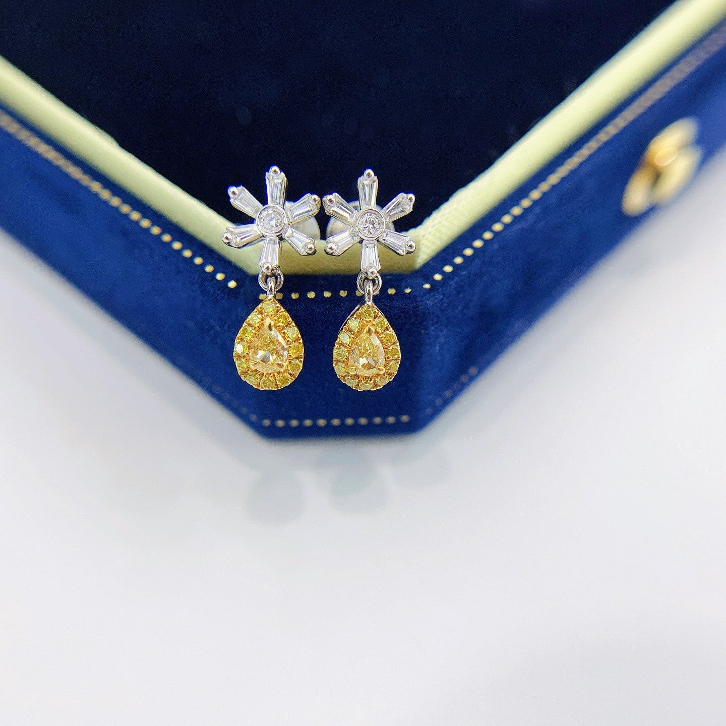 18K Yellow Gold Diamond Snowflake Drop Earrings - Luxurious Jewelry - Jeweler.Jewelry