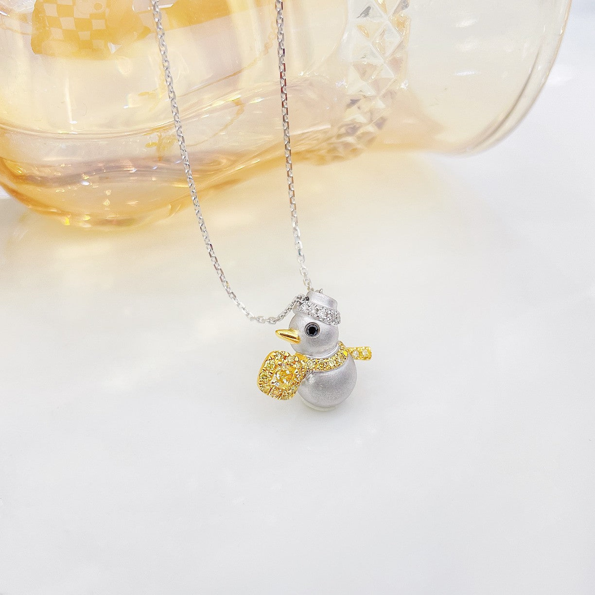 18K Yellow Gold Diamond Snowman Pendant Necklace - Luxurious Jewelry - Yellow Diamond Necklace