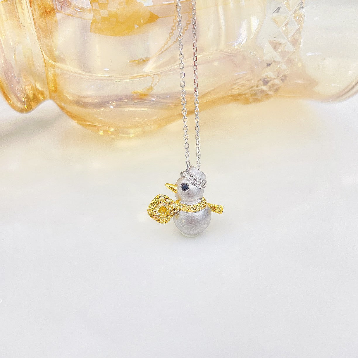 18K Yellow Gold Diamond Snowman Pendant Necklace - Luxurious Jewelry - Yellow Diamond Necklace