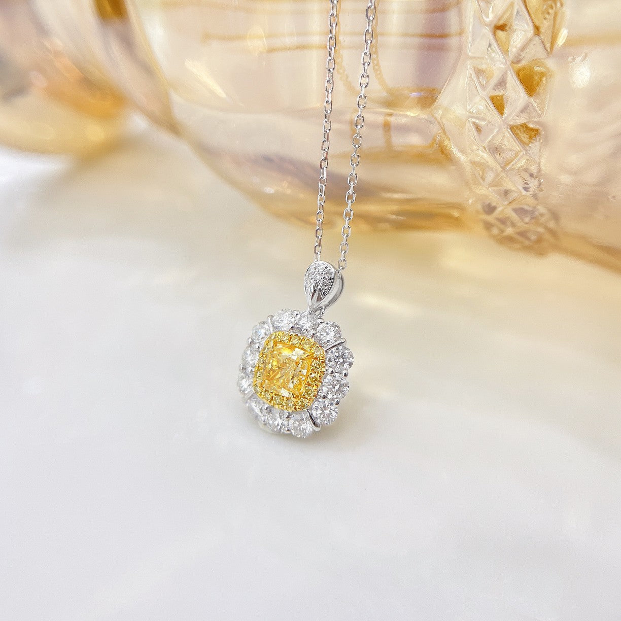 18K Yellow Gold Diamond Square Melon Clasp Necklace - Fine Jewelry - Yellow Diamond Necklace