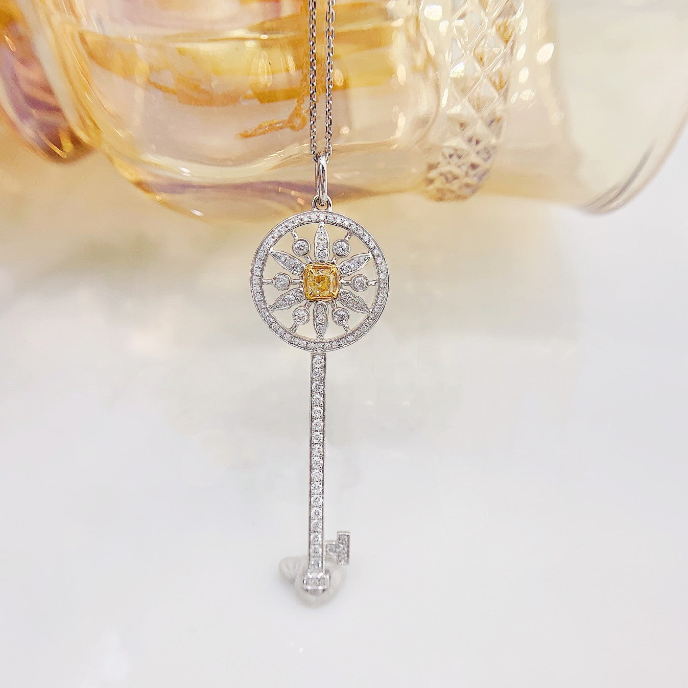 18K Yellow Gold Diamond Sunflower Key Pendant Necklace - Exquisite Jewelry - Yellow Diamond Necklace