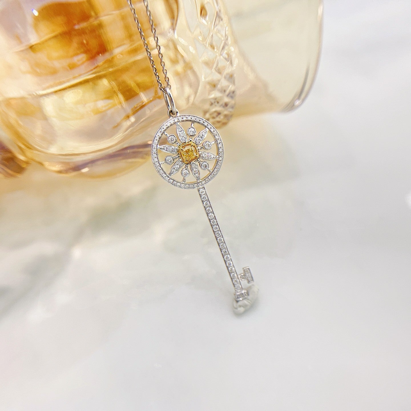 18K Yellow Gold Diamond Sunflower Key Pendant Necklace - Exquisite Jewelry - Yellow Diamond Necklace