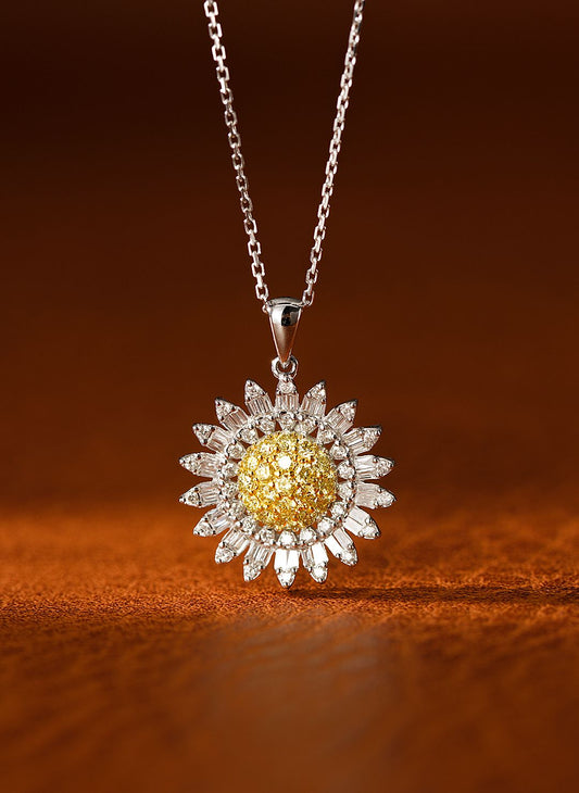 18K Yellow Gold Diamond Sunflower Necklace - Exquisite Jewelry - Yellow Diamond Necklace