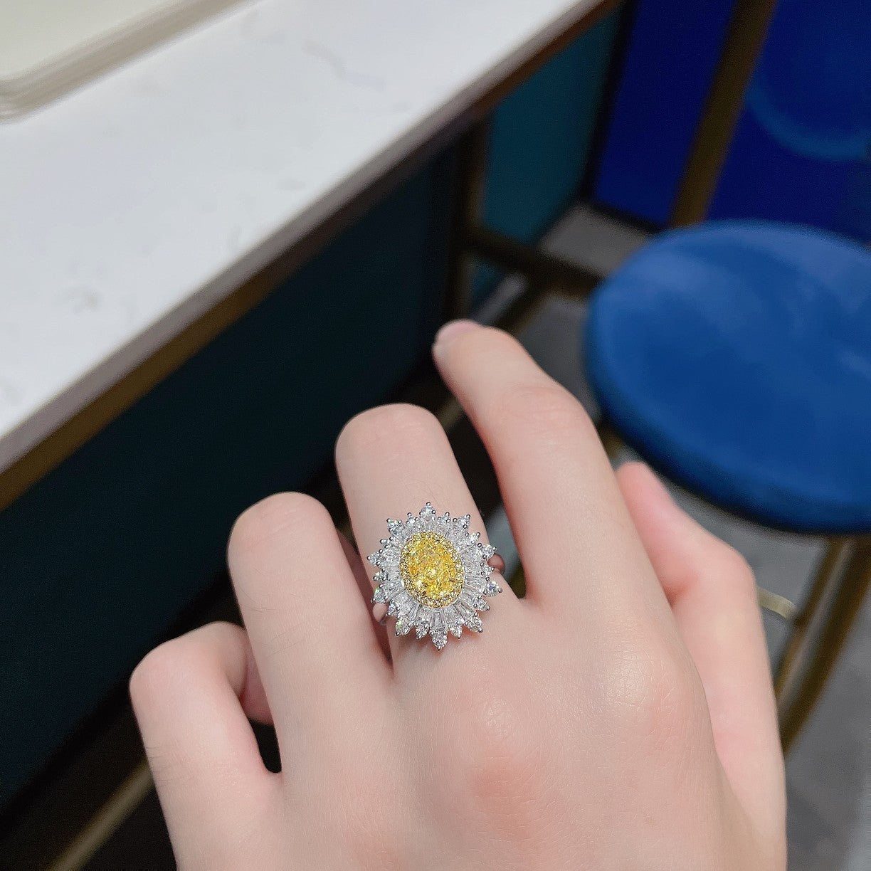 18K Yellow Gold Diamond Sunflower Step-Cut Ring | Premium Jewelry - Yellow Diamond Ring