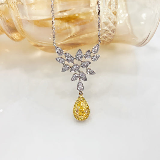 18K Yellow Gold Diamond Teardrop Peacock Bubble Necklace with AGL Certificate - Yellow Diamond Necklace