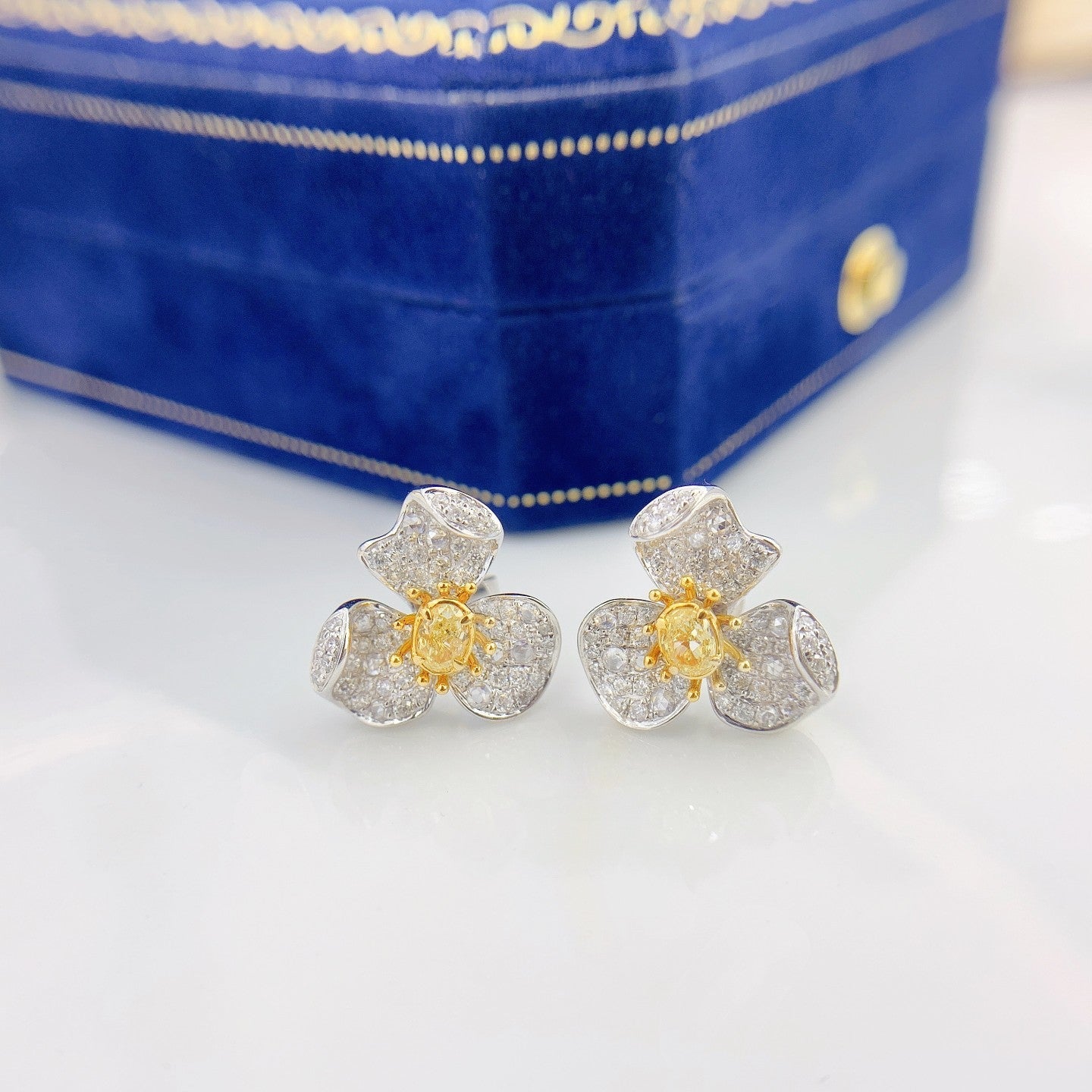 18K Yellow Gold Diamond Three-Flower Earrings - ED034-Y - Jeweler.Jewelry