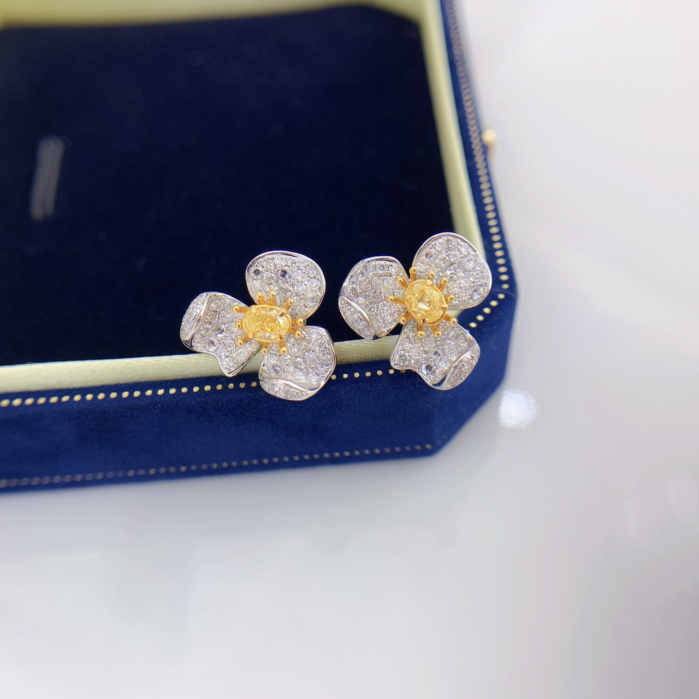 18K Yellow Gold Diamond Three-Flower Earrings - ED034-Y - Jeweler.Jewelry