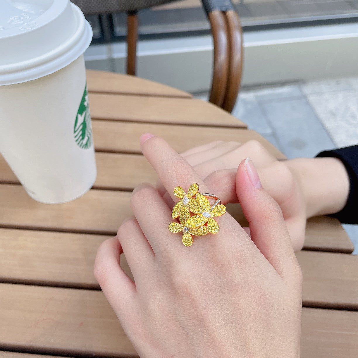 18K Yellow Gold Diamond Three-Flower Ring - Luxury Jewelry - Yellow Diamond Ring