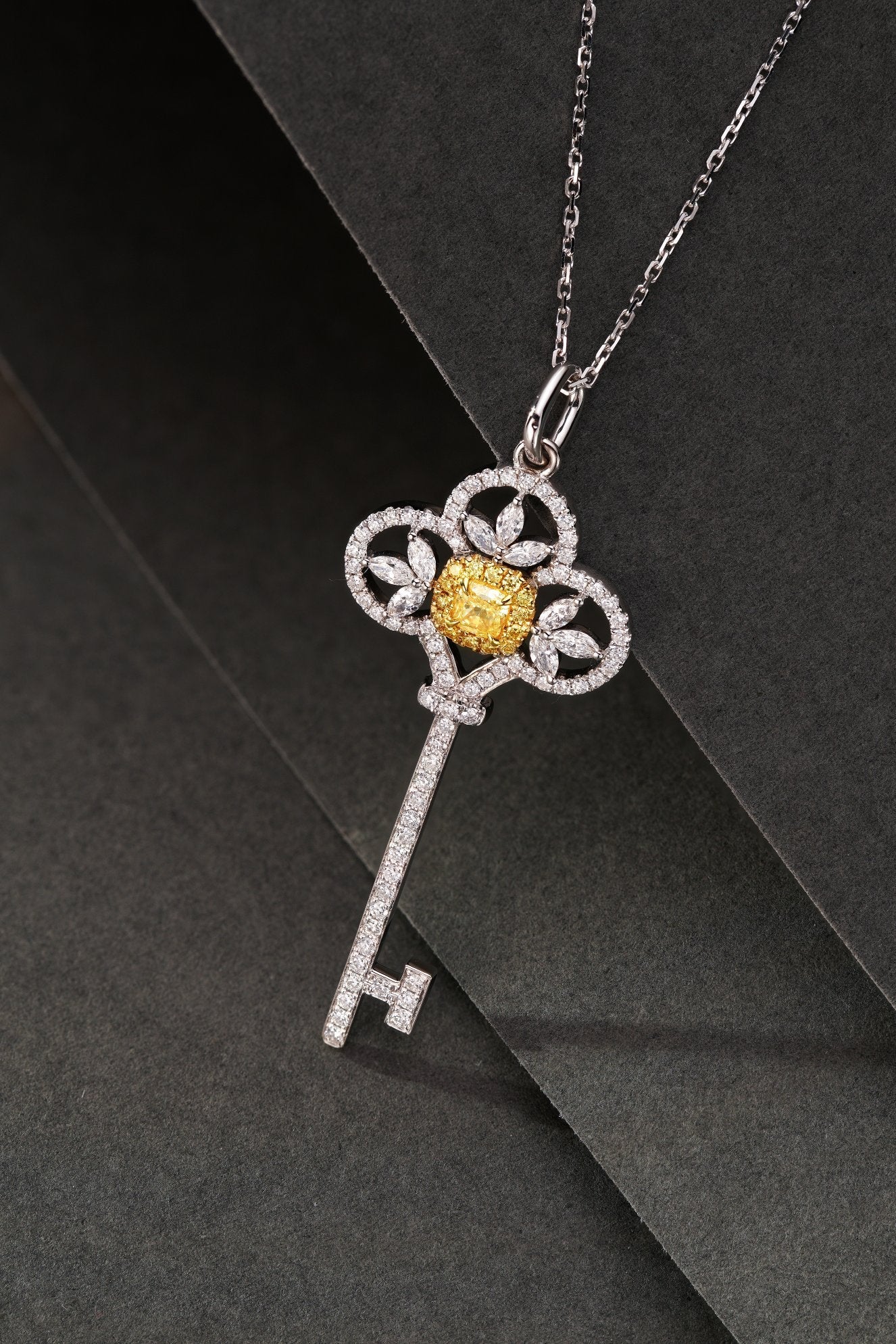 18K Yellow Gold Diamond Three-Leaf Marquise Key Pendant Jewelry - Yellow Diamond Necklace