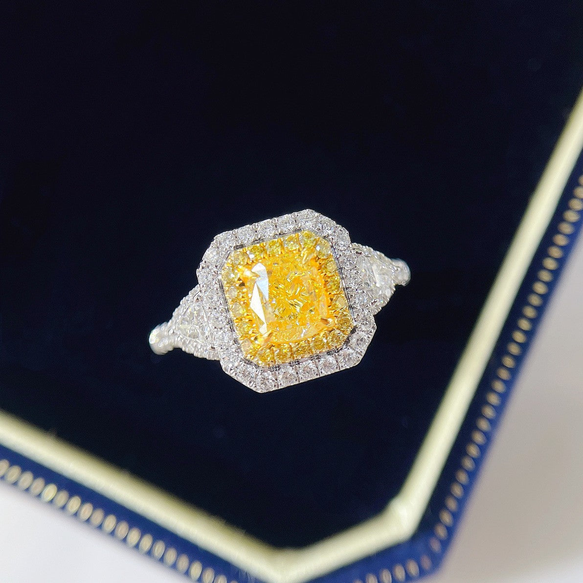 18K Yellow Gold Diamond Triangle Cushion Halo Ring | Premium Jewelry - Yellow Diamond Ring