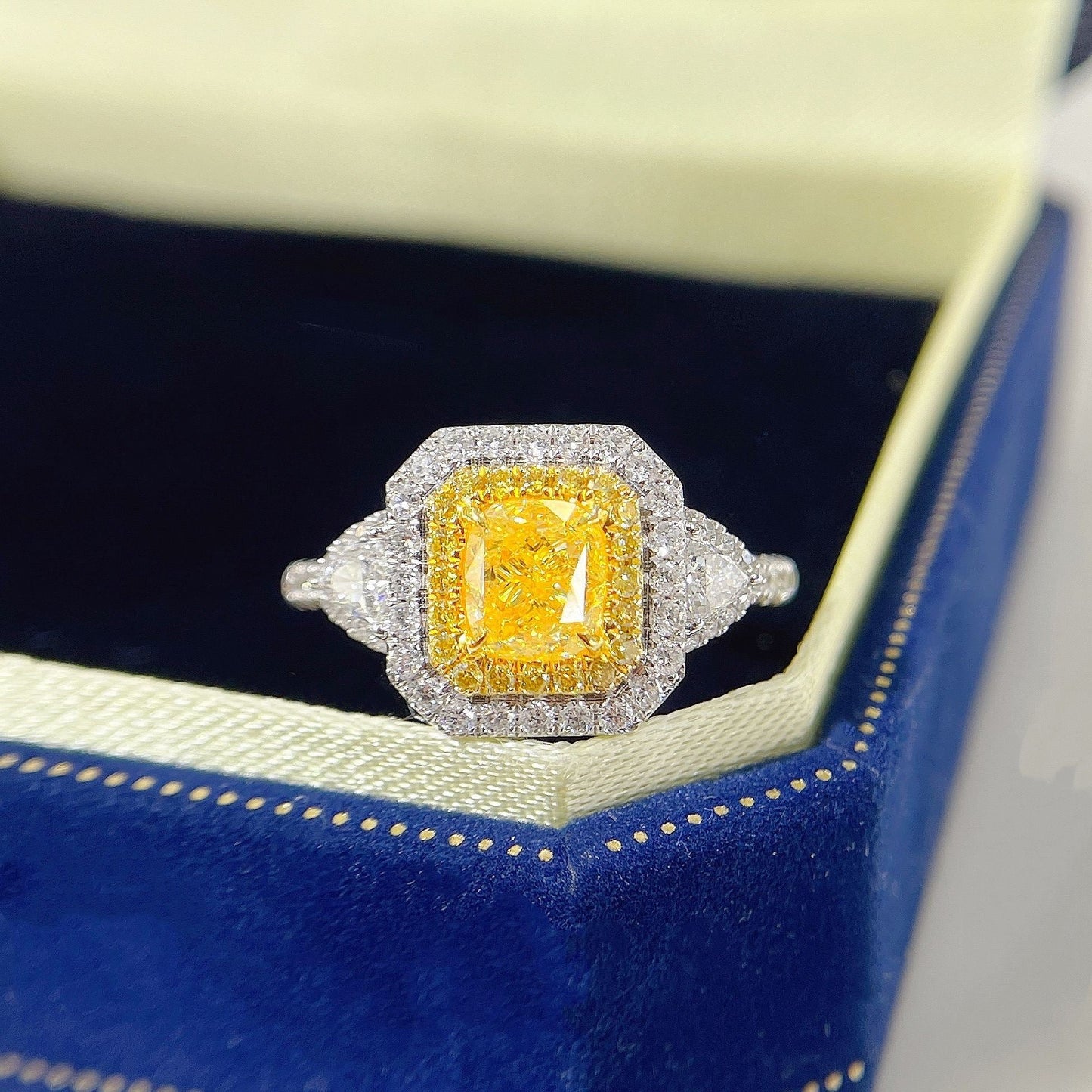 18K Yellow Gold Diamond Triangle Cushion Halo Ring | Premium Jewelry - Yellow Diamond Ring