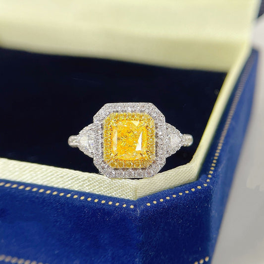 18K Yellow Gold Diamond Triangle Cushion Halo Ring | Premium Jewelry - Yellow Diamond Ring