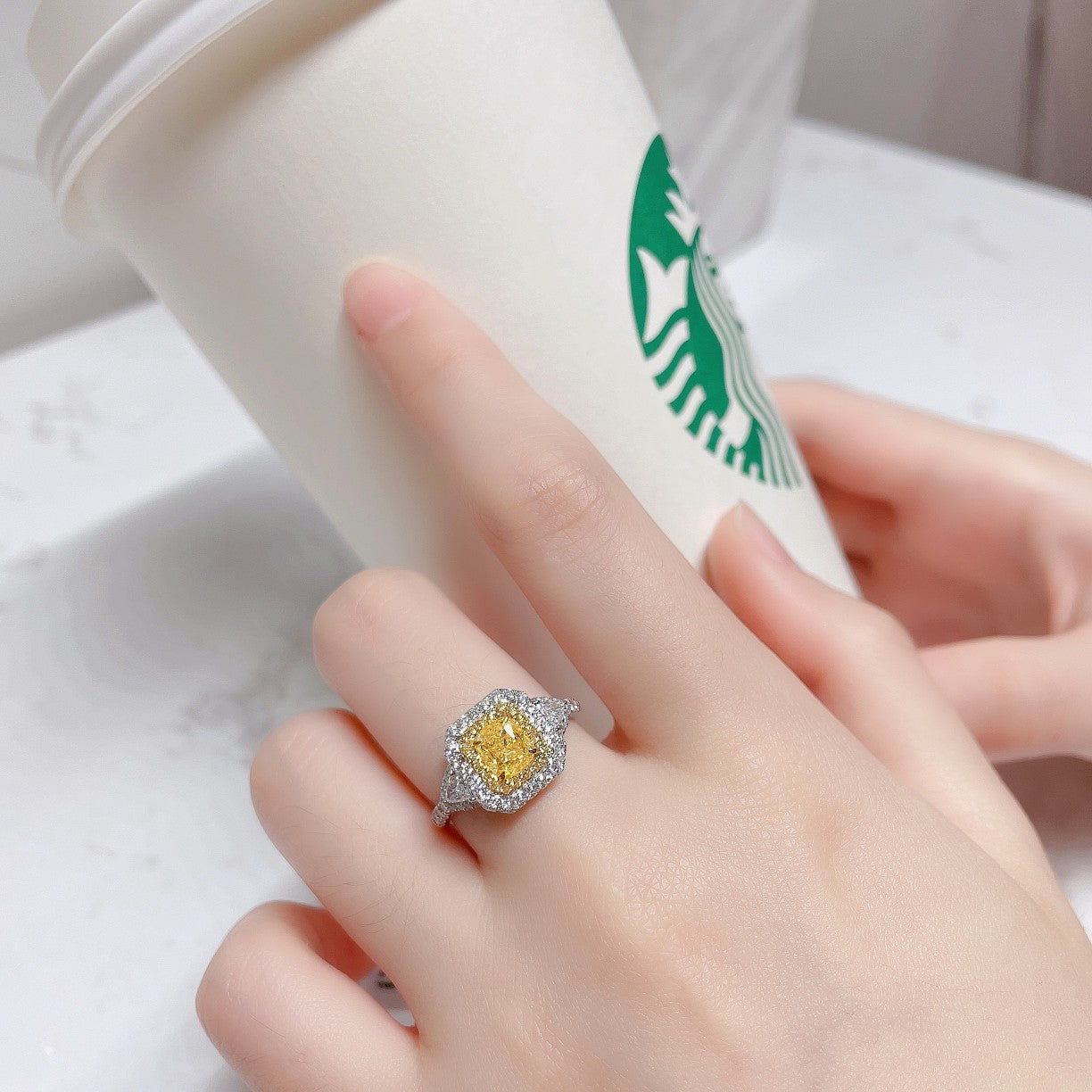 18K Yellow Gold Diamond Triangle Cushion Halo Ring | Premium Jewelry - Yellow Diamond Ring