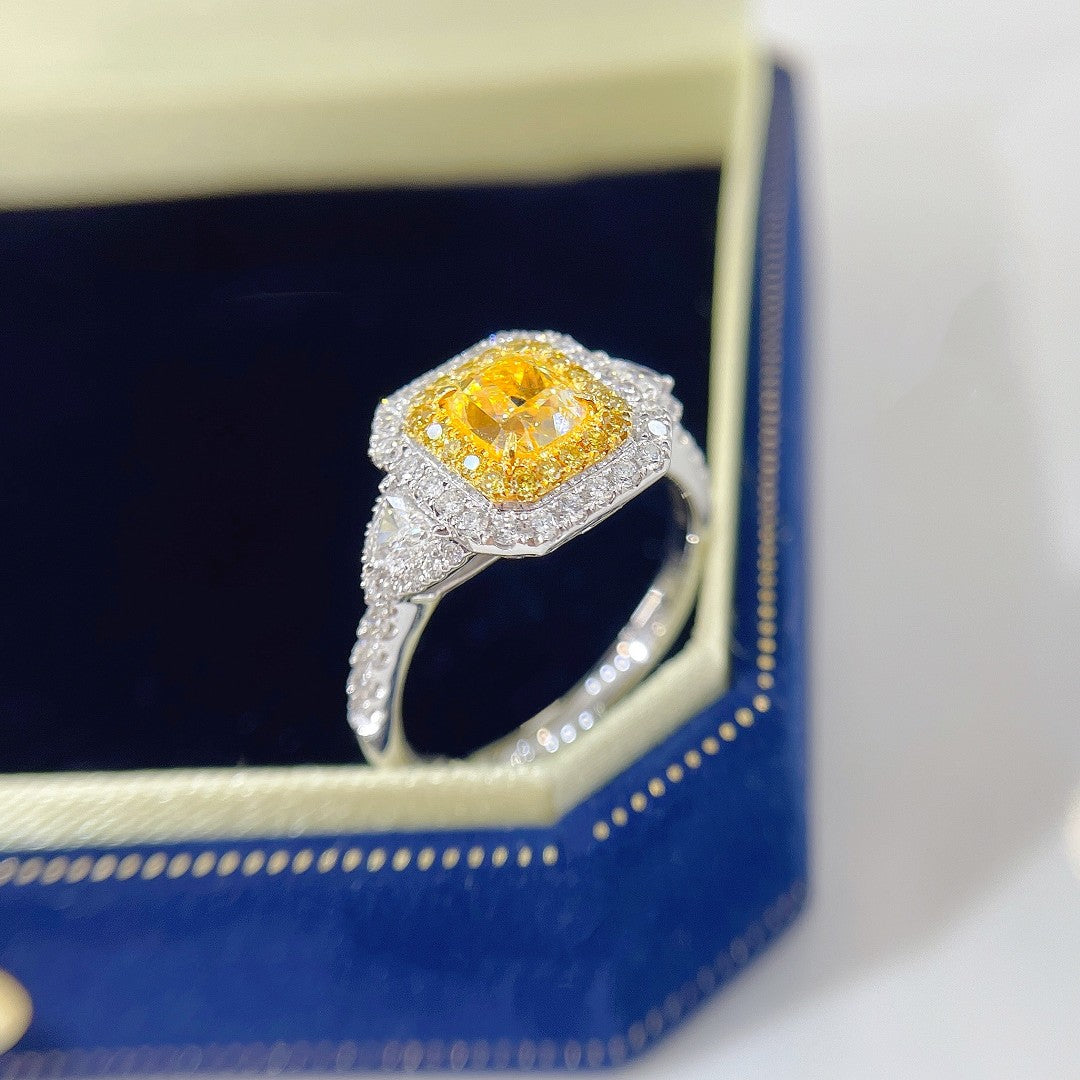 18K Yellow Gold Diamond Triangle Cushion Halo Ring | Premium Jewelry - Yellow Diamond Ring