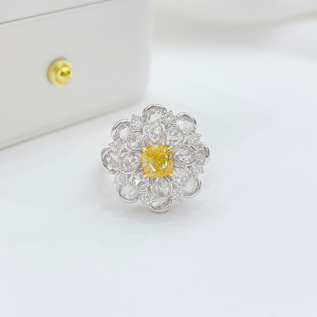 18K Yellow Gold Diamond Unique Rose Cut Ring with AGL Certificate | Luxury Jewelry - Yellow Diamond Ring