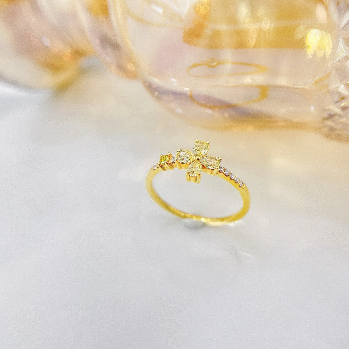 18K Yellow Gold Diamond Waterdrop Four-Leaf Clover Ring | Luxury Jewelry - Yellow Diamond Ring