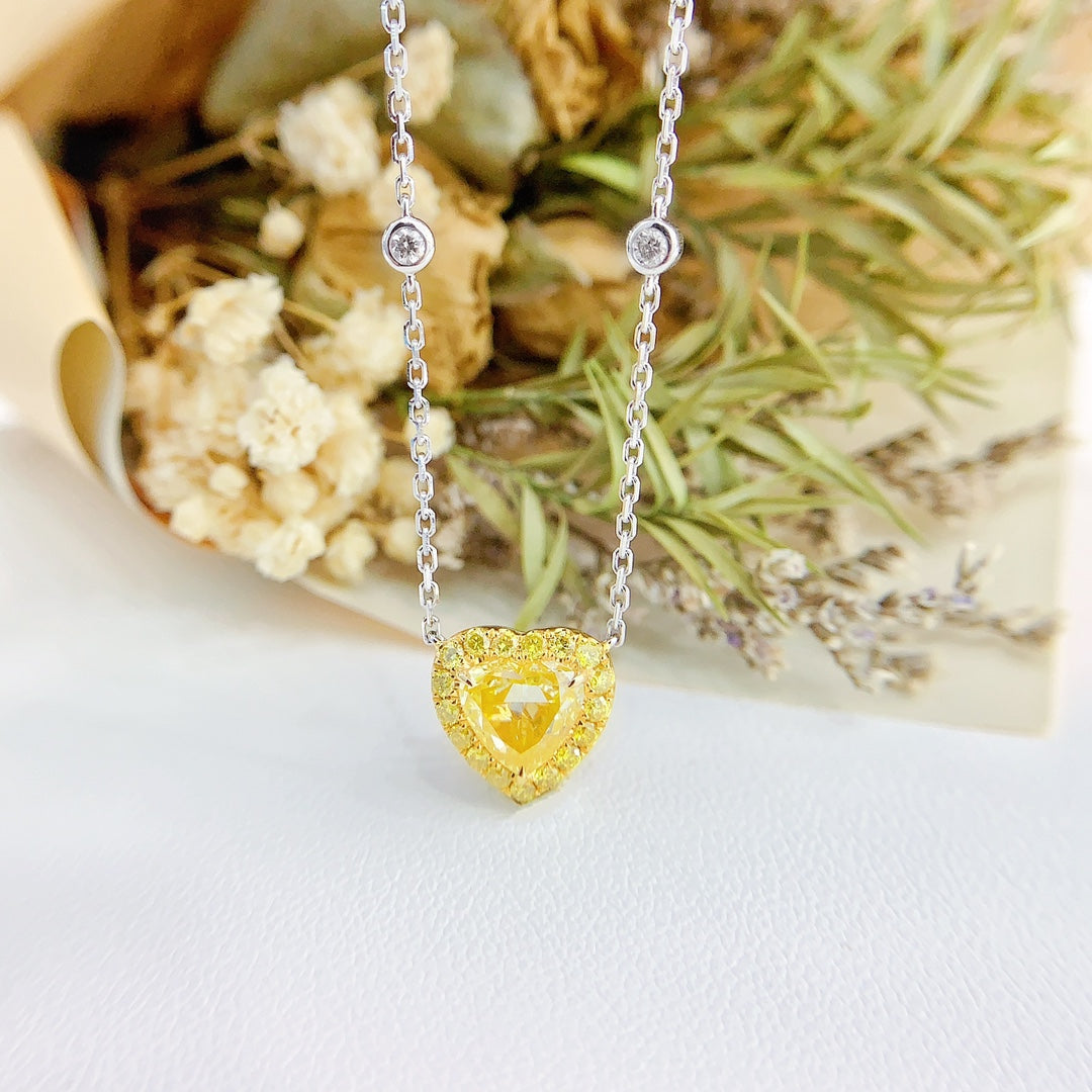 18K Yellow Gold Heart-Shaped Diamond Bubble Necklace with Surrounding Diamonds | Premium Jewelry - Yellow Diamond