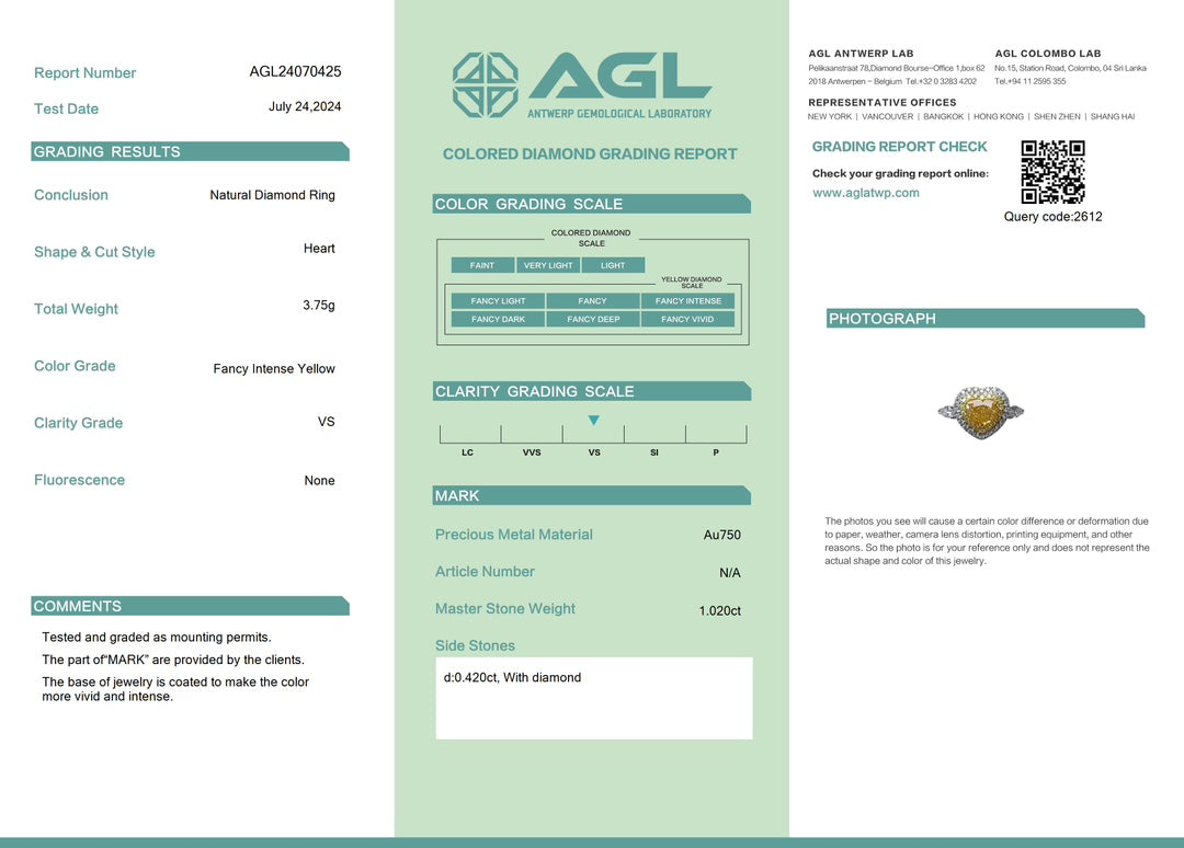 18K Yellow Gold Heart-Shaped Diamond Double Teardrop Ring with AGL Certificate - Yellow Diamond Ring