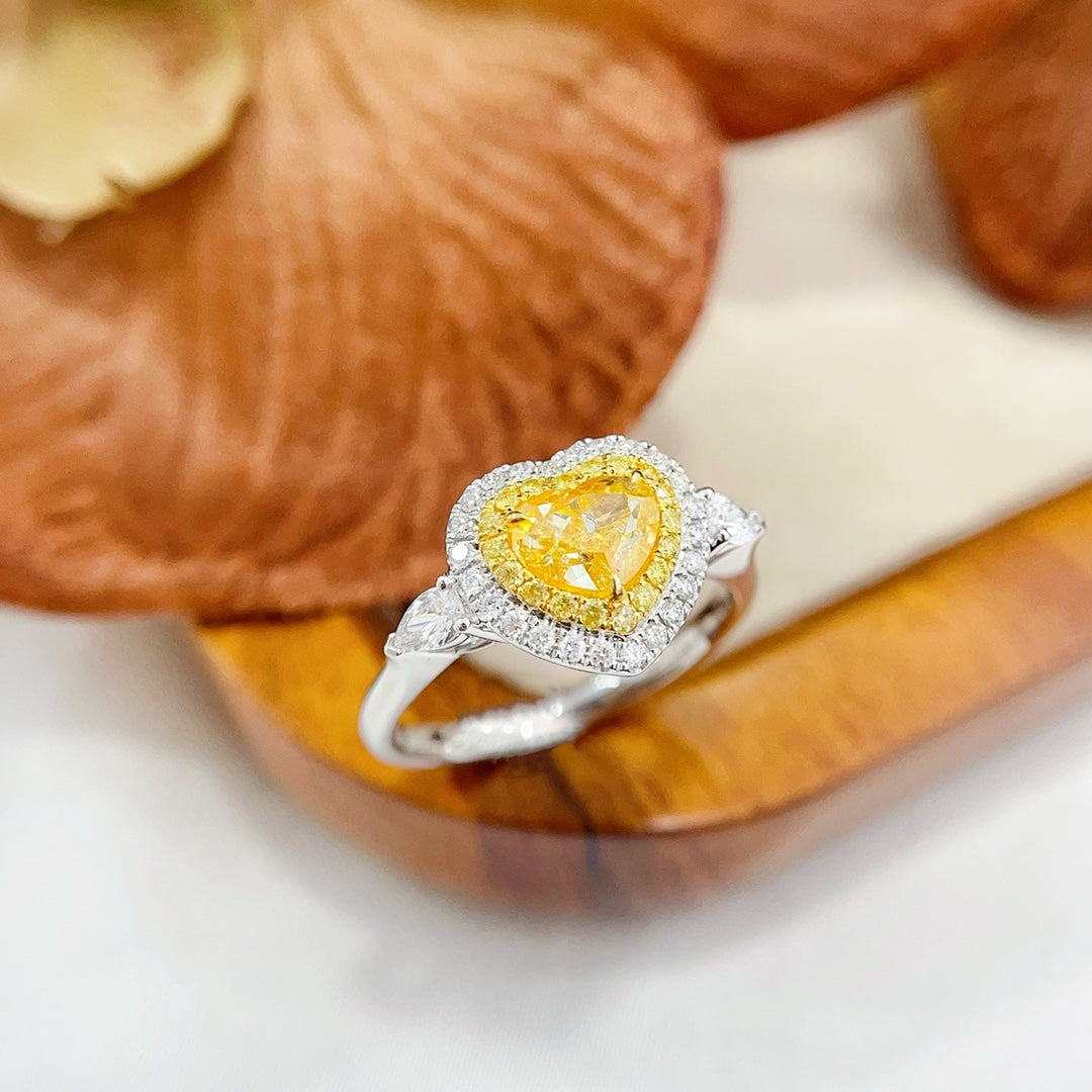 18K Yellow Gold Heart-Shaped Diamond Double Teardrop Ring with AGL Certificate - Yellow Diamond Ring