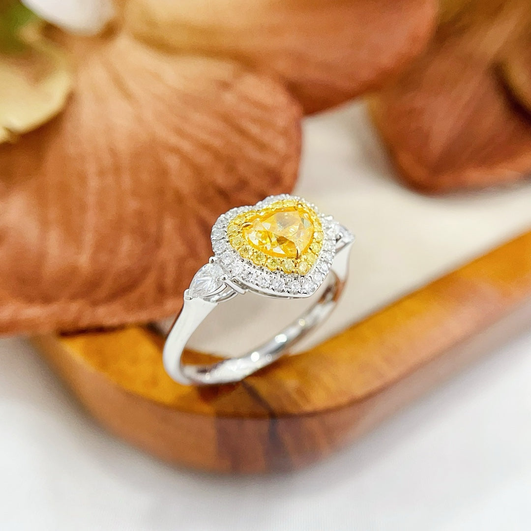 18K Yellow Gold Heart-Shaped Diamond Double Teardrop Ring with AGL Certificate - Yellow Diamond Ring