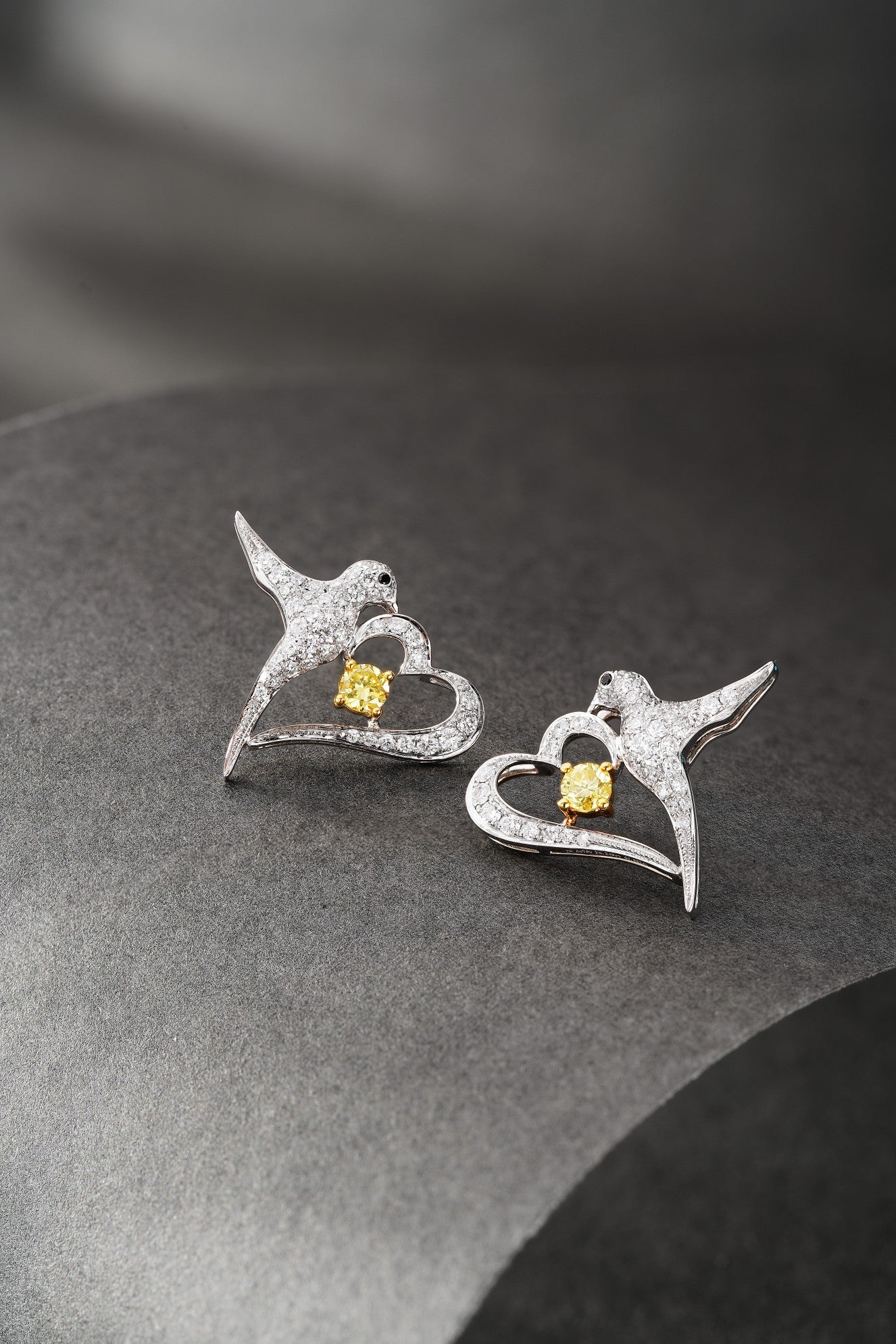 18K Yellow Gold Heart-Shaped Spring Swallow Earrings with Diamond Accent - Jeweler.Jewelry